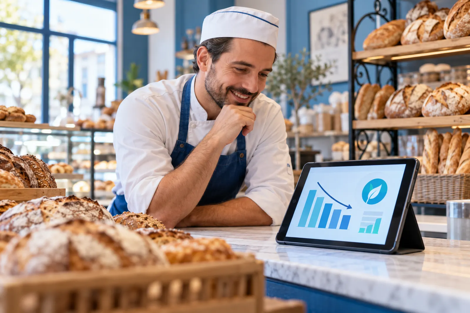 Un commerçant consulte l’analyse de ses factures d’énergie sur une tablette