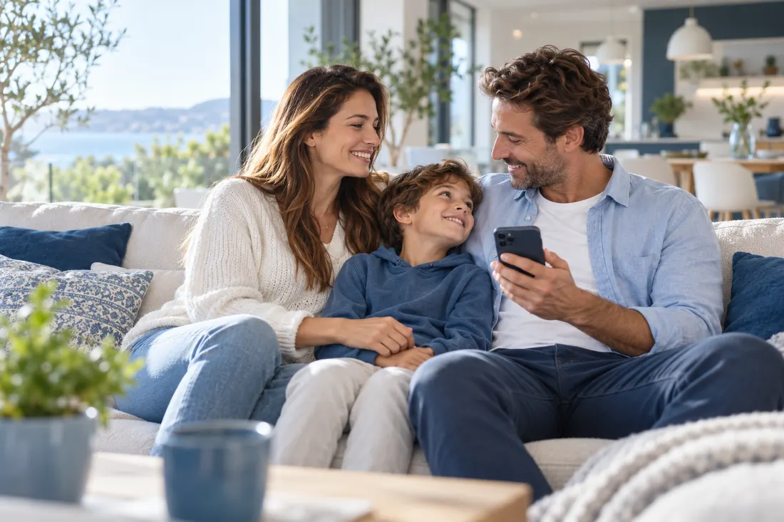 Une famille consulte ses économies d’énergie sur un téléphone