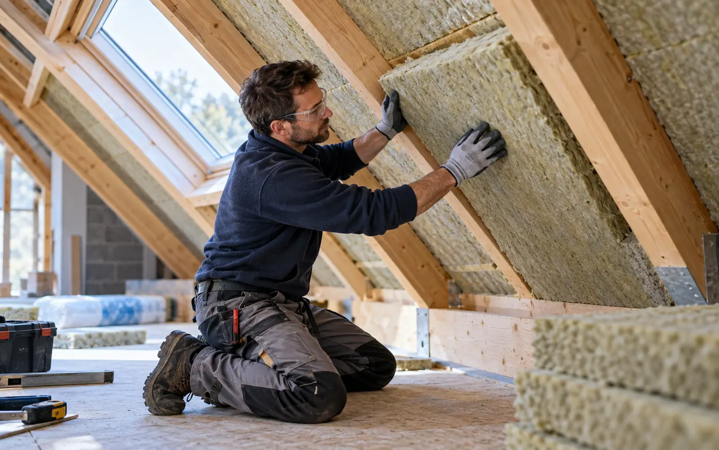 Un artisan isole des combles lors d’une rénovation