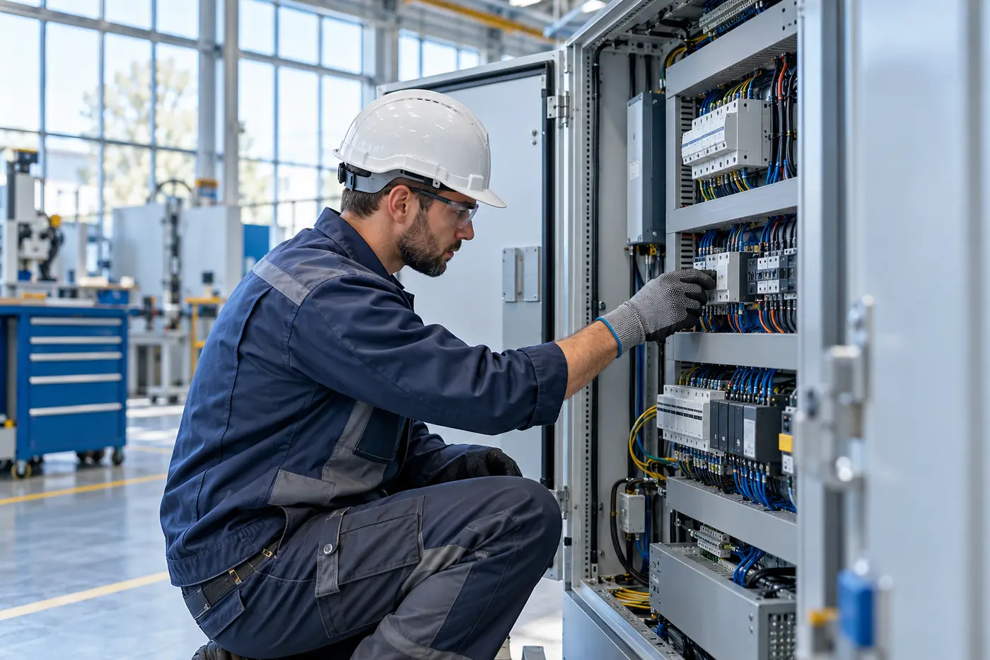 Un technicien vérifie une armoire électrique dans un atelier