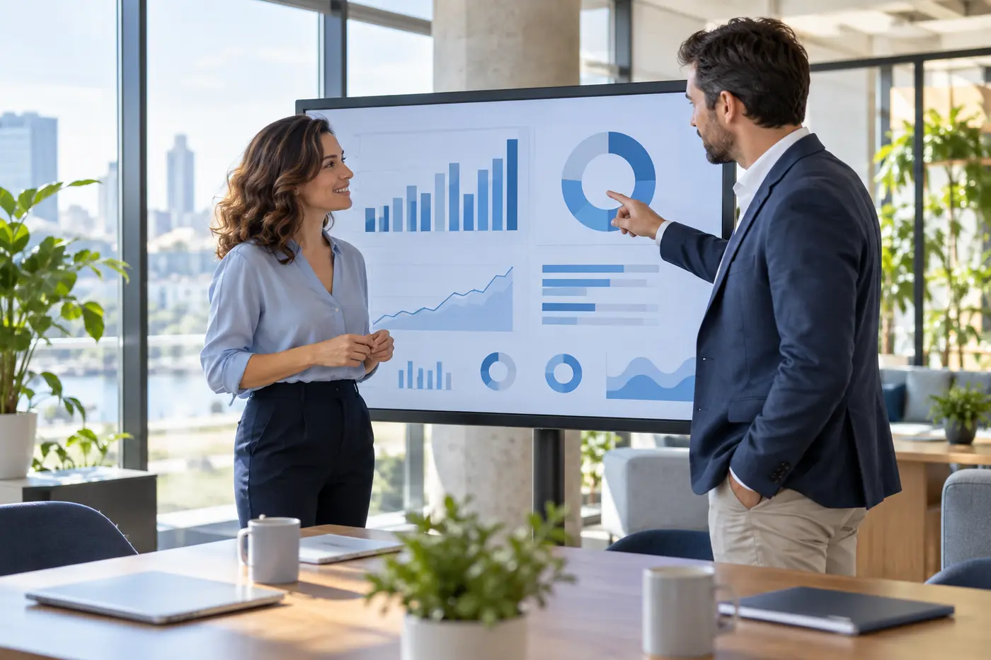 Deux responsables de PME devant un tableau de bord énergie